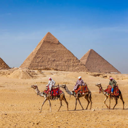Bedouins riding on camels, pyramids on the background, Giza, Egypt.